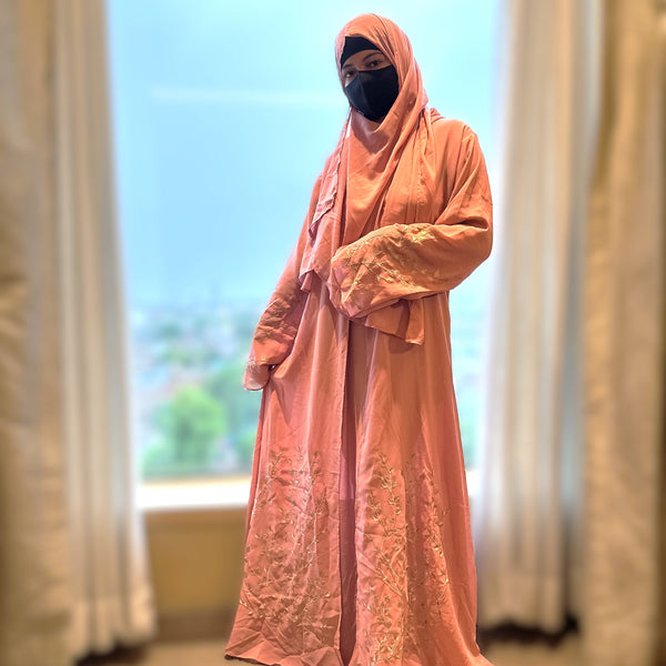 pink A line floral embroidery abaya