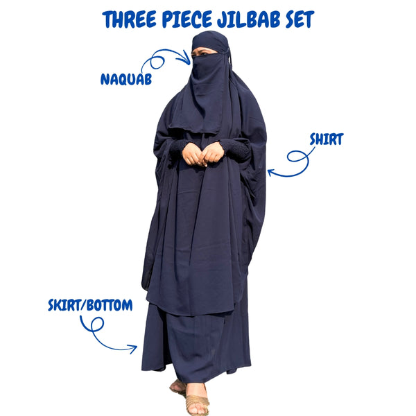 Three Piece Navy blue Jilbab Set (Scarf , niqab, skirt)