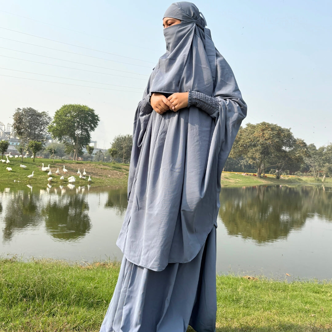 Three Piece Grey Jilbab Set (Scarf , niqab, skirt)