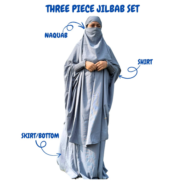 Three Piece Grey Jilbab Set (Scarf , niqab, skirt)