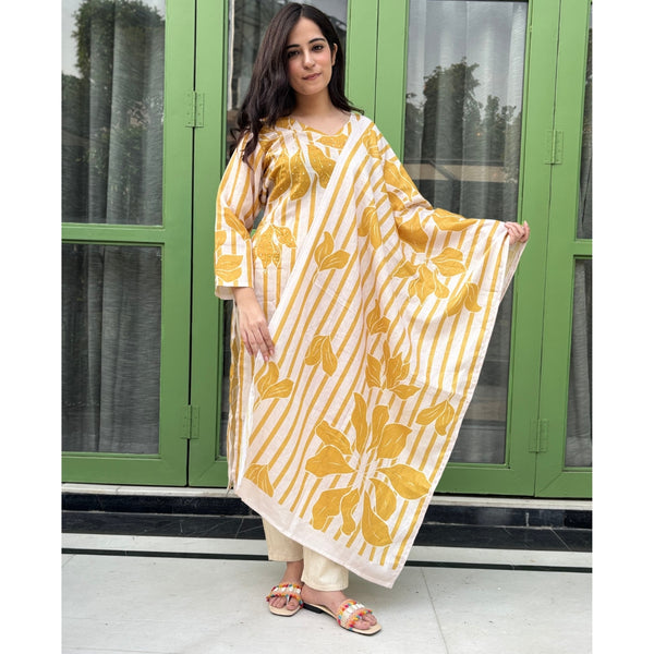 white and yellow floral printed Cotton suit