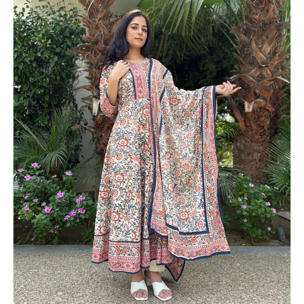 White & blue printed Cotton Anarkali