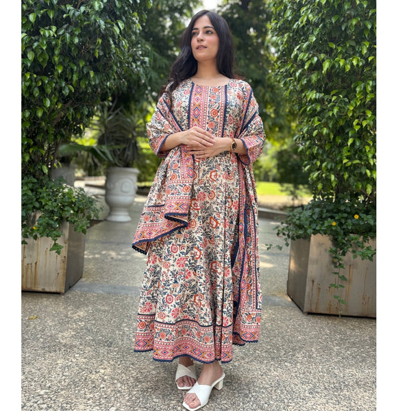 White & blue printed Cotton Anarkali