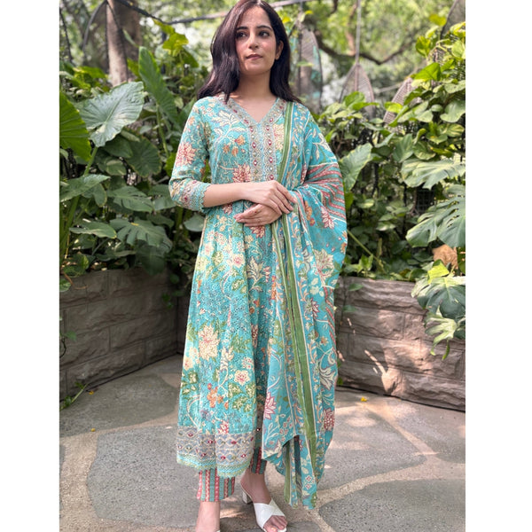 Blue printed Cotton Anarkali