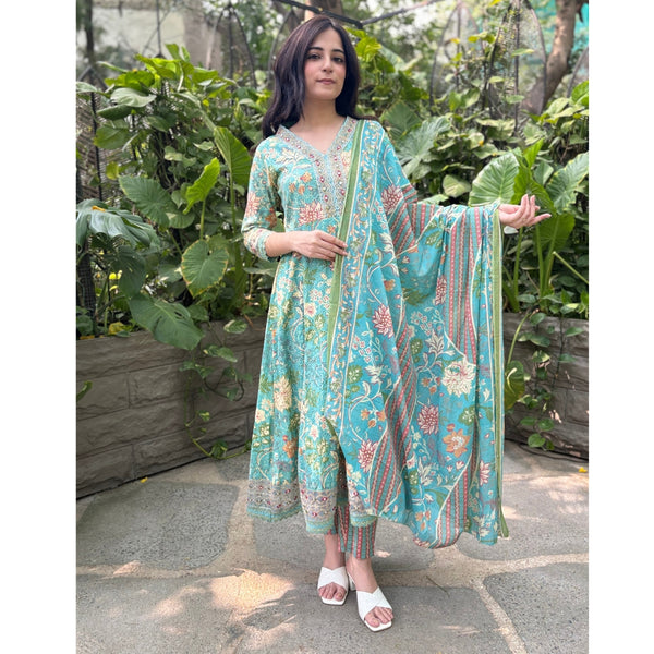 Blue printed Cotton Anarkali