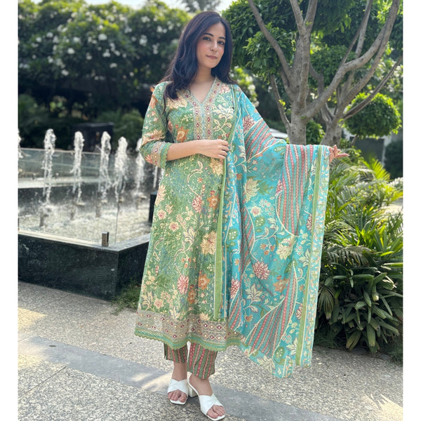 Green printed Cotton Anarkali