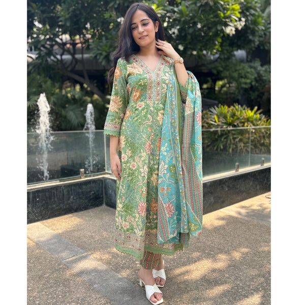 Green printed Cotton Anarkali
