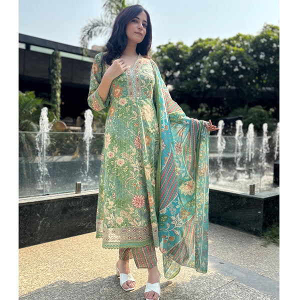 Green printed Cotton Anarkali