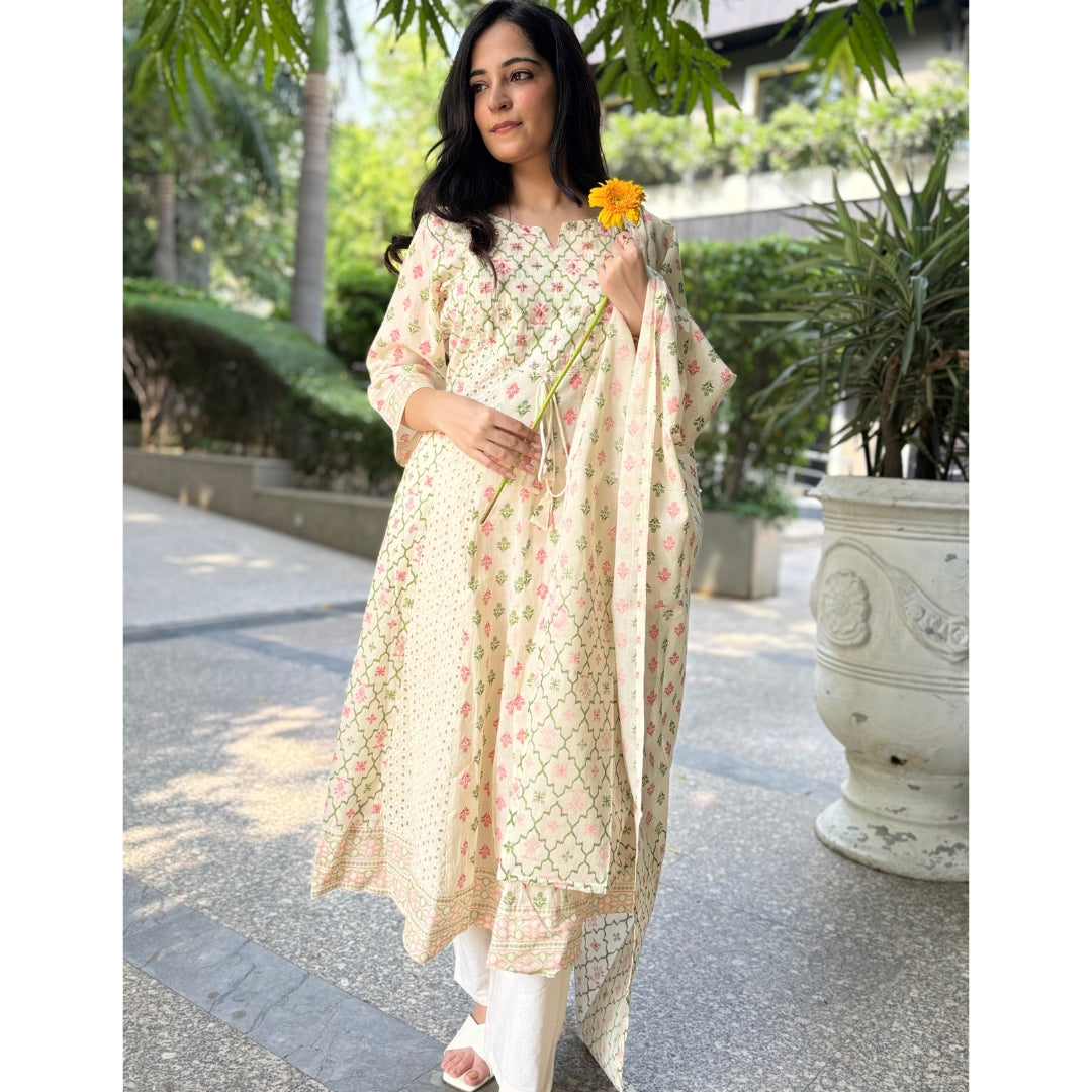 White printed Cotton Chickenkari Anarkali