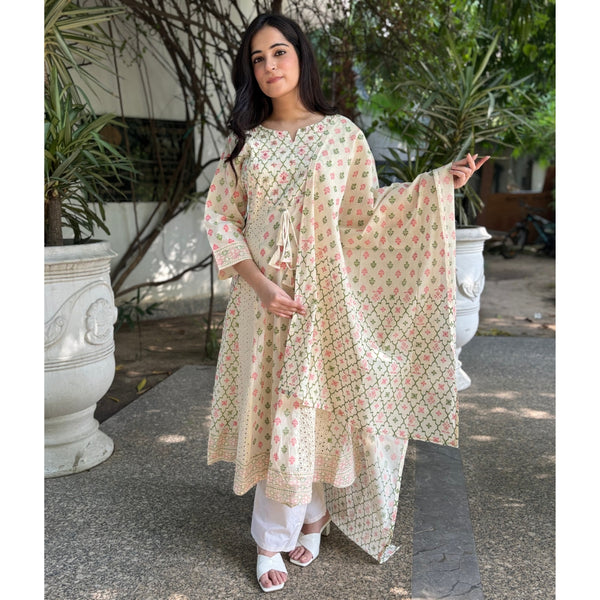 White printed Cotton Chickenkari Anarkali
