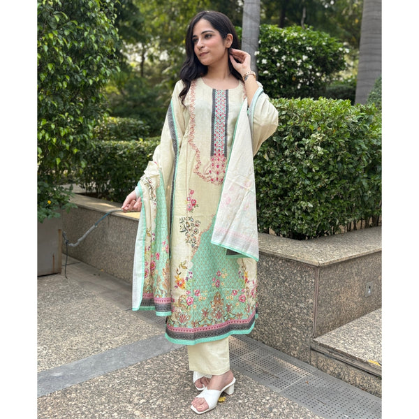 white and  blue printed Cotton suit