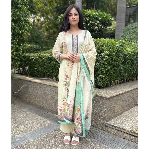 white and  blue printed Cotton suit