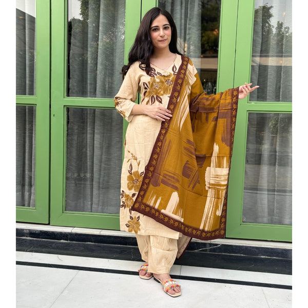 Beige and Brown floral printed Cotton suit