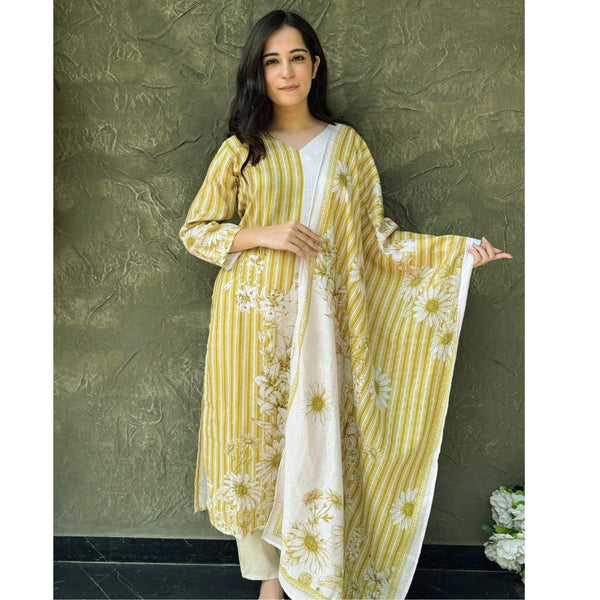White and Green floral printed Cotton suit