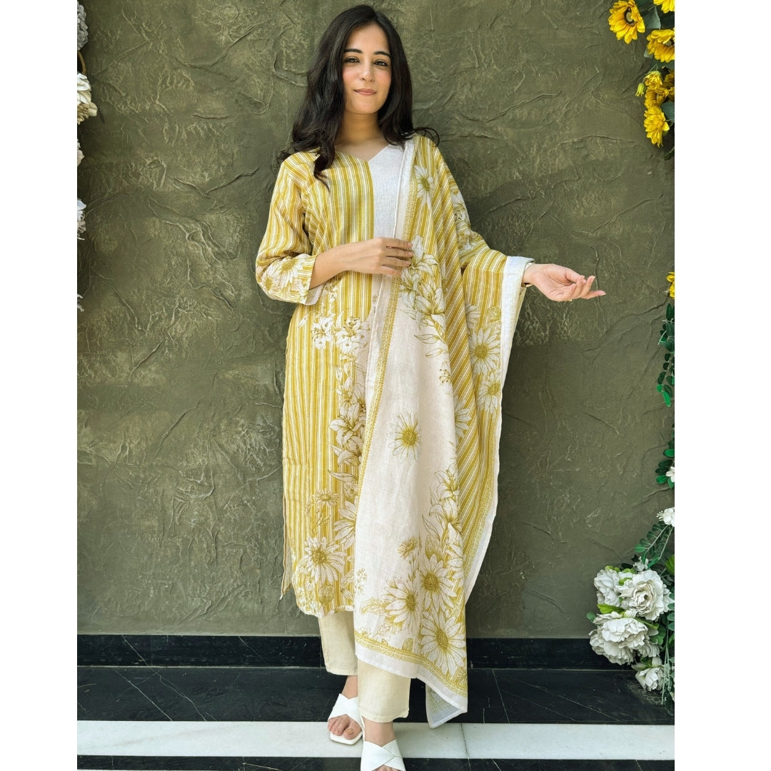 White and Green floral printed Cotton suit
