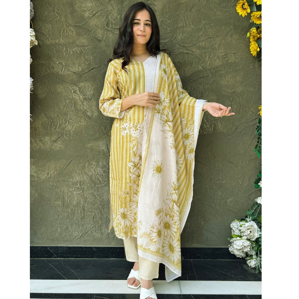 White and Green floral printed Cotton suit