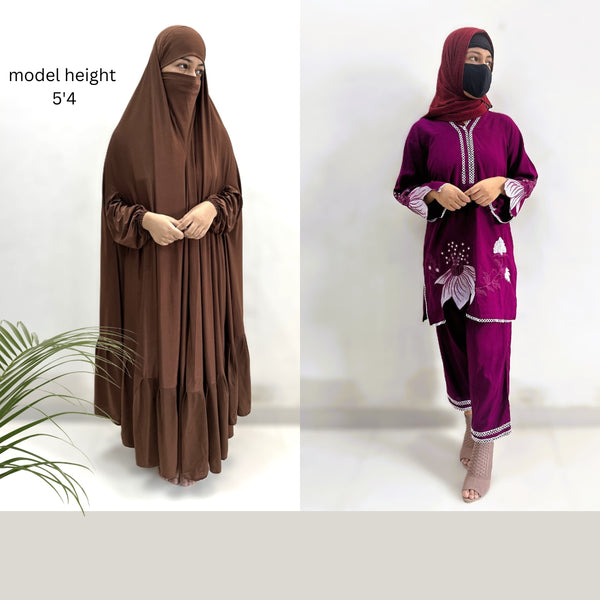 Combo One Piece Jilbab and Co Ord Set (coffee & wine)