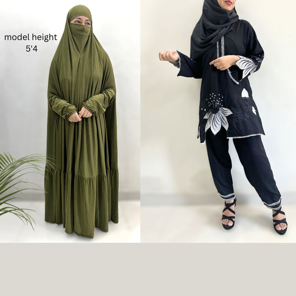 Combo One Piece Jilbab and Co Ord Set (olive & black)